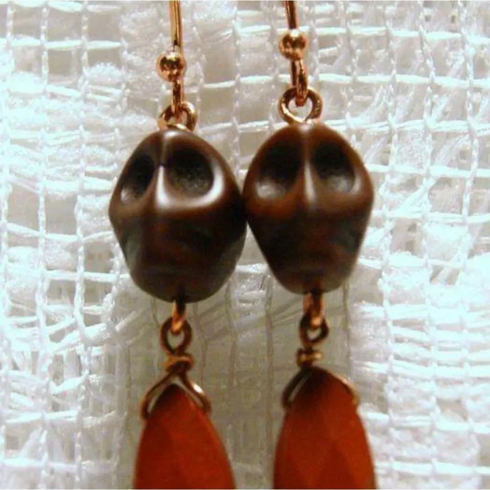 Handmade Brown Howlite Skulls & Faceted Jasper Gemstone Dangle Earrings